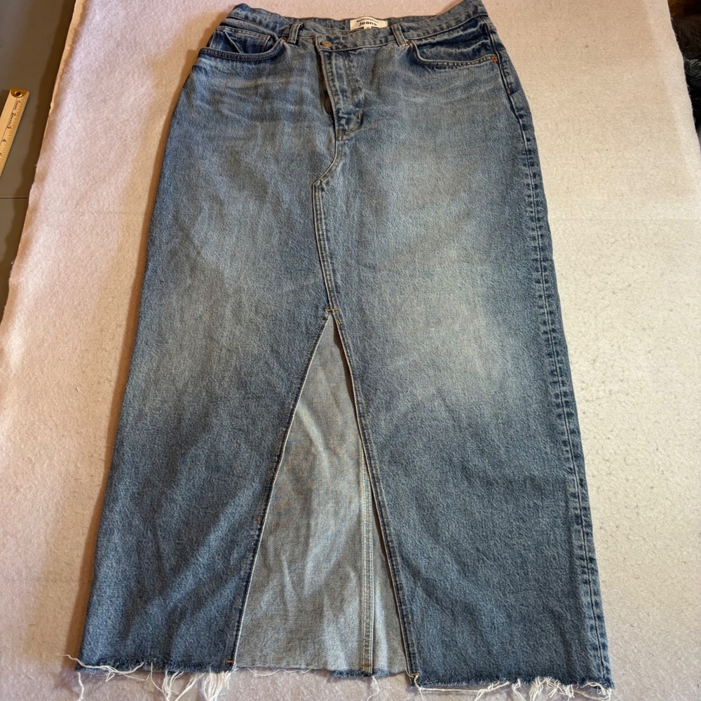 Reformation Nila Long Denim Skirt Galway Blue Maxi Raw‎ Hem Size 30